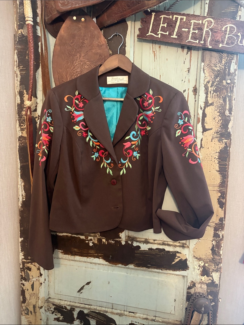 Sage West Brown Embroidered Women's Blazer with Teal Lining